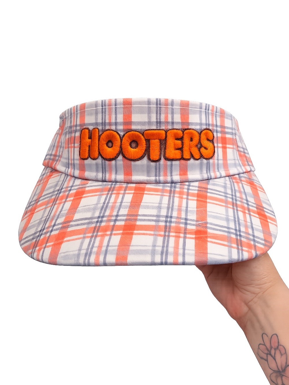 Hooters Plaid Adjustable Visor Hat Orange Embroidered Logo One Size NEW